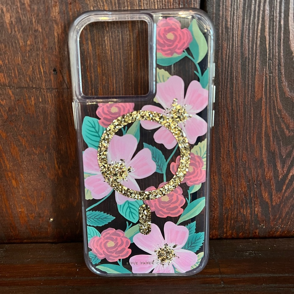 iPhone 14 Pro Max Pink and Gold Floral Mag-Safe Phone Case with Protective Frame